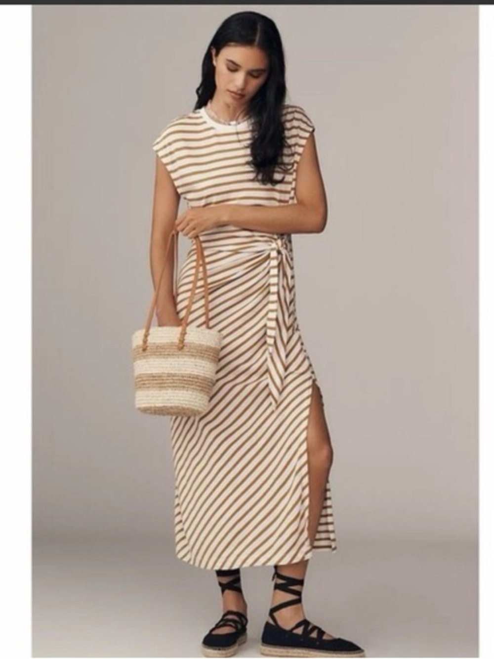 Anthropologie Cream and Brown Striped Tie-Detail Midi Dress
